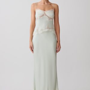Nina Satin And Lace Maxi Skirt - Sage