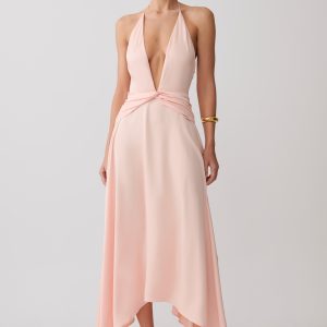 Cyra Plunge Satin Midi Dress - Peach