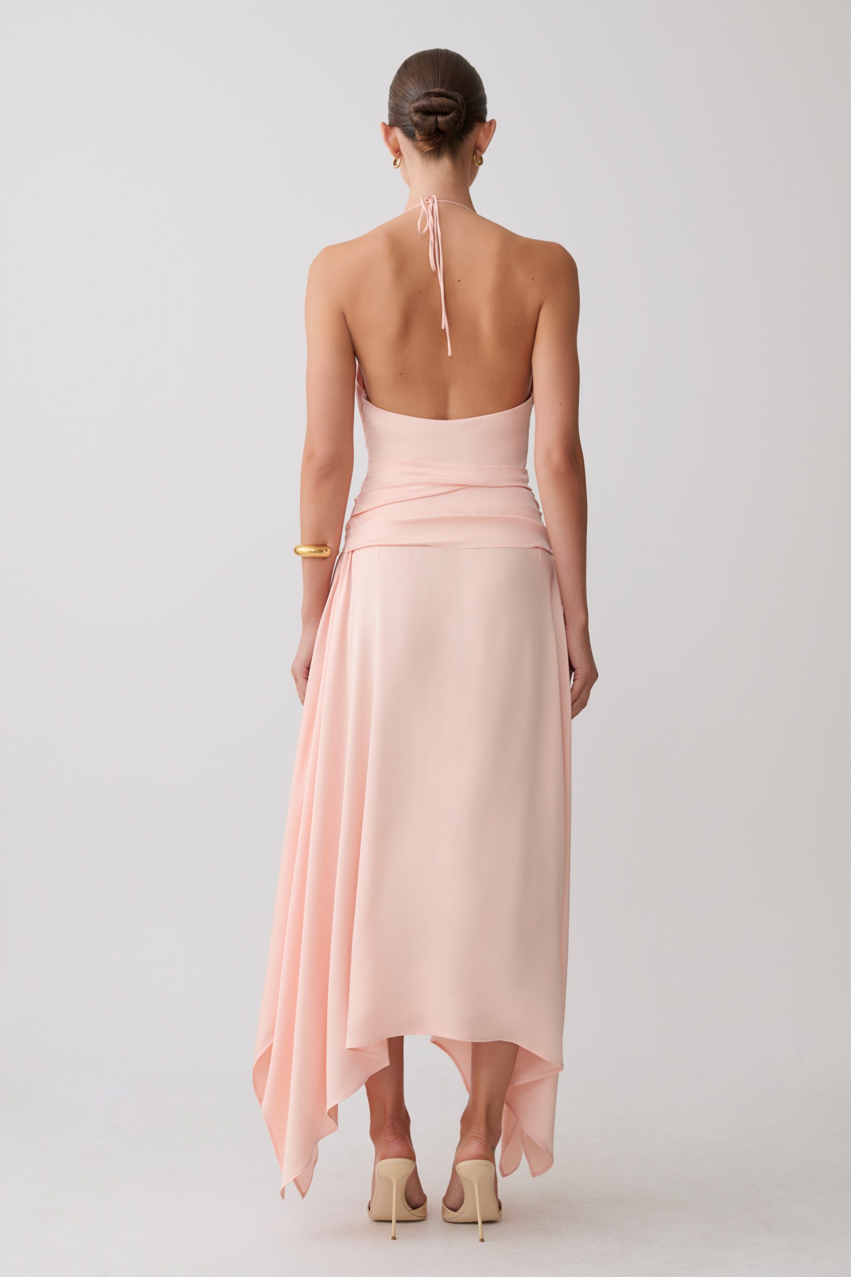 Cyra Plunge Satin Midi Dress - Peach - Image 2