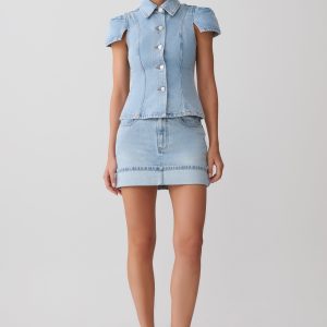 Bently Short Sleeve Denim Top - Washed Light Blue