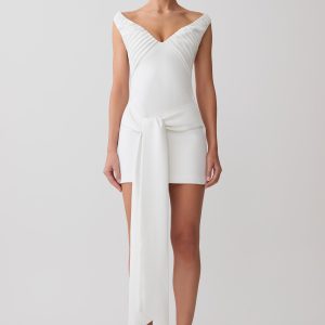 Runa Off Shoulder Mini Dress With Waist Tie - White