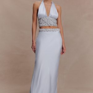 Clementine Chiffon Hand Beaded Maxi Skirt - Pale Blue