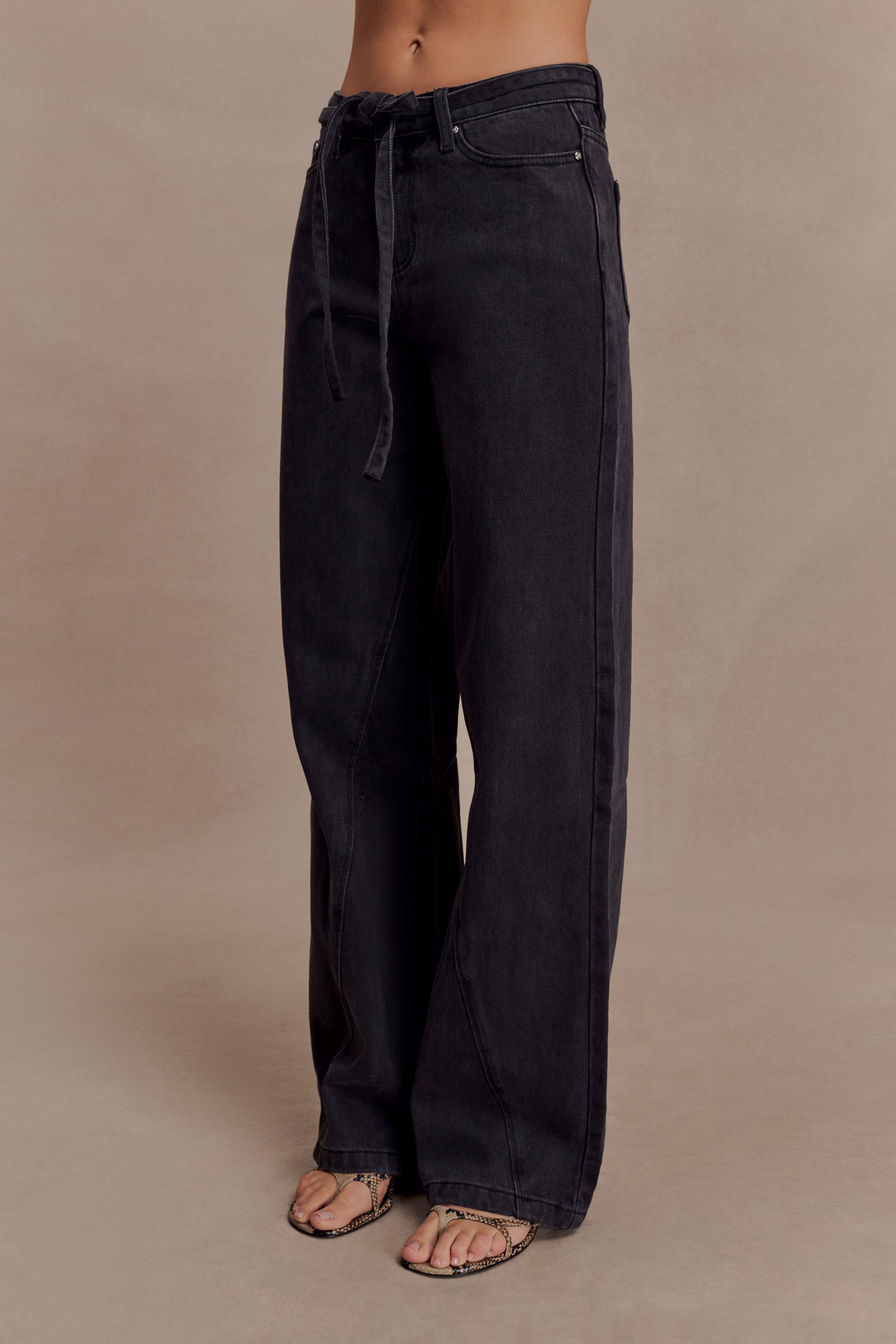 Perrie Mid Rise Straight Leg Tie Jeans - Washed Black - Image 3