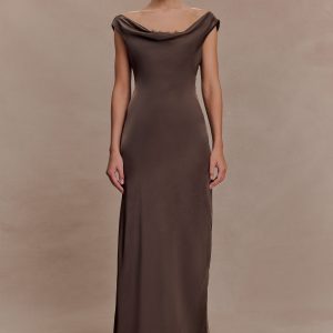 Ashley Cowl Neck Lace And Satin Maxi Dress - Mocha