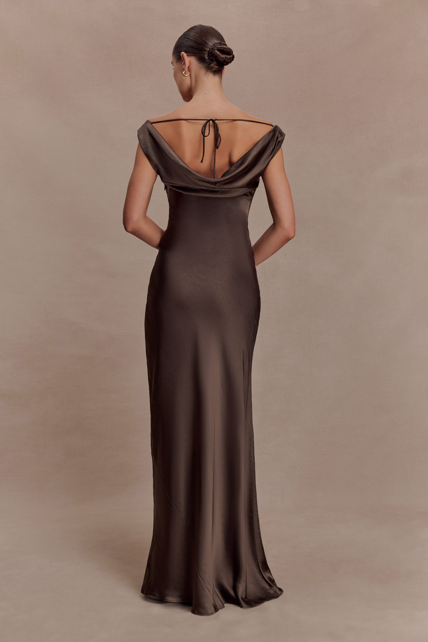 Ashley Cowl Neck Lace And Satin Maxi Dress - Mocha - Image 4