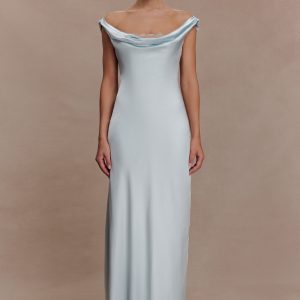 Ashley Cowl Neck Lace And Satin Maxi Dress - Ice Blue