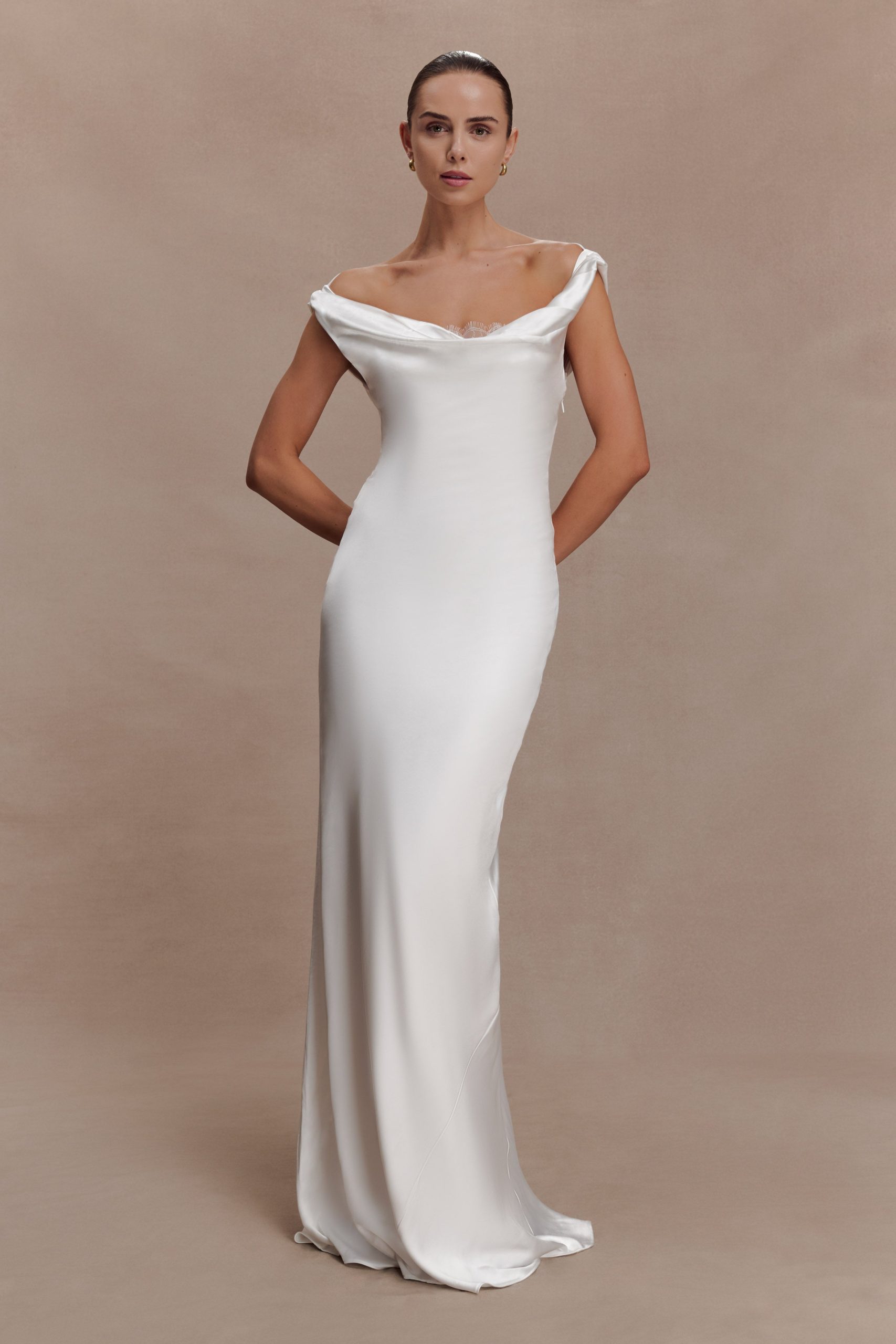 Ashley Cowl Neck Lace And Satin Maxi Dress - Ivory - Image 3