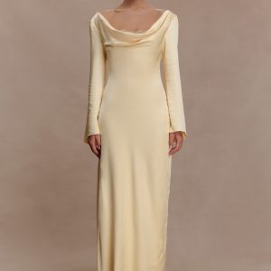 Eliza Long Sleeve Cowl Lace And Satin Maxi Dress - Lemon