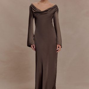 Eliza Long Sleeve Cowl Lace And Satin Maxi Dress - Mocha