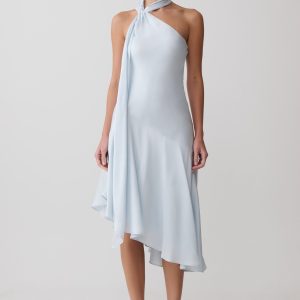 Evelina Halter Asymmetric Hem Midi Dress - Ice Blue
