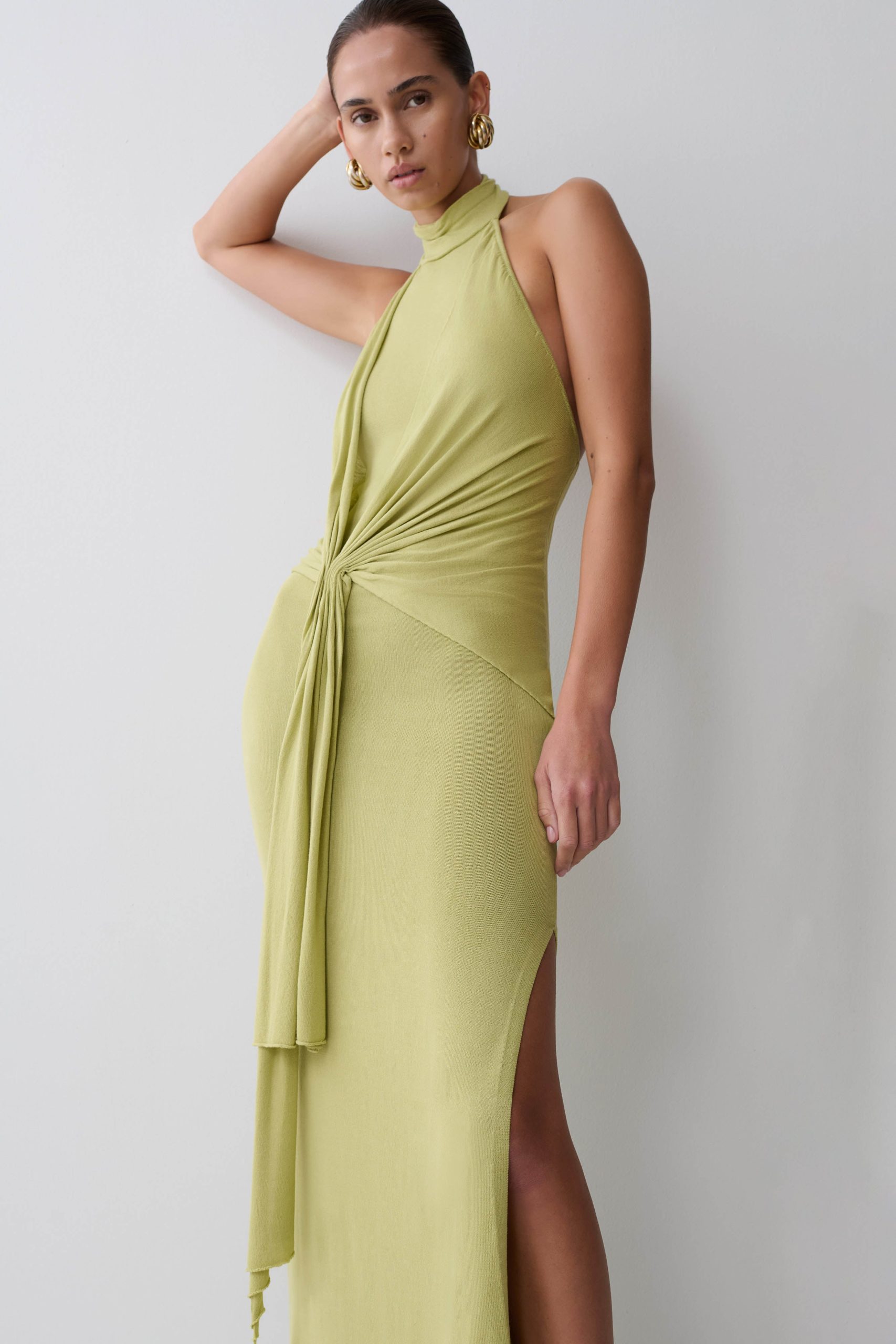 Cindylou Halter Knit Maxi Dress - Light Olive - Image 3