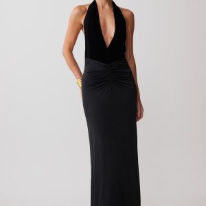 Lien Mesh Velvet Plunge Midi Dress - Black