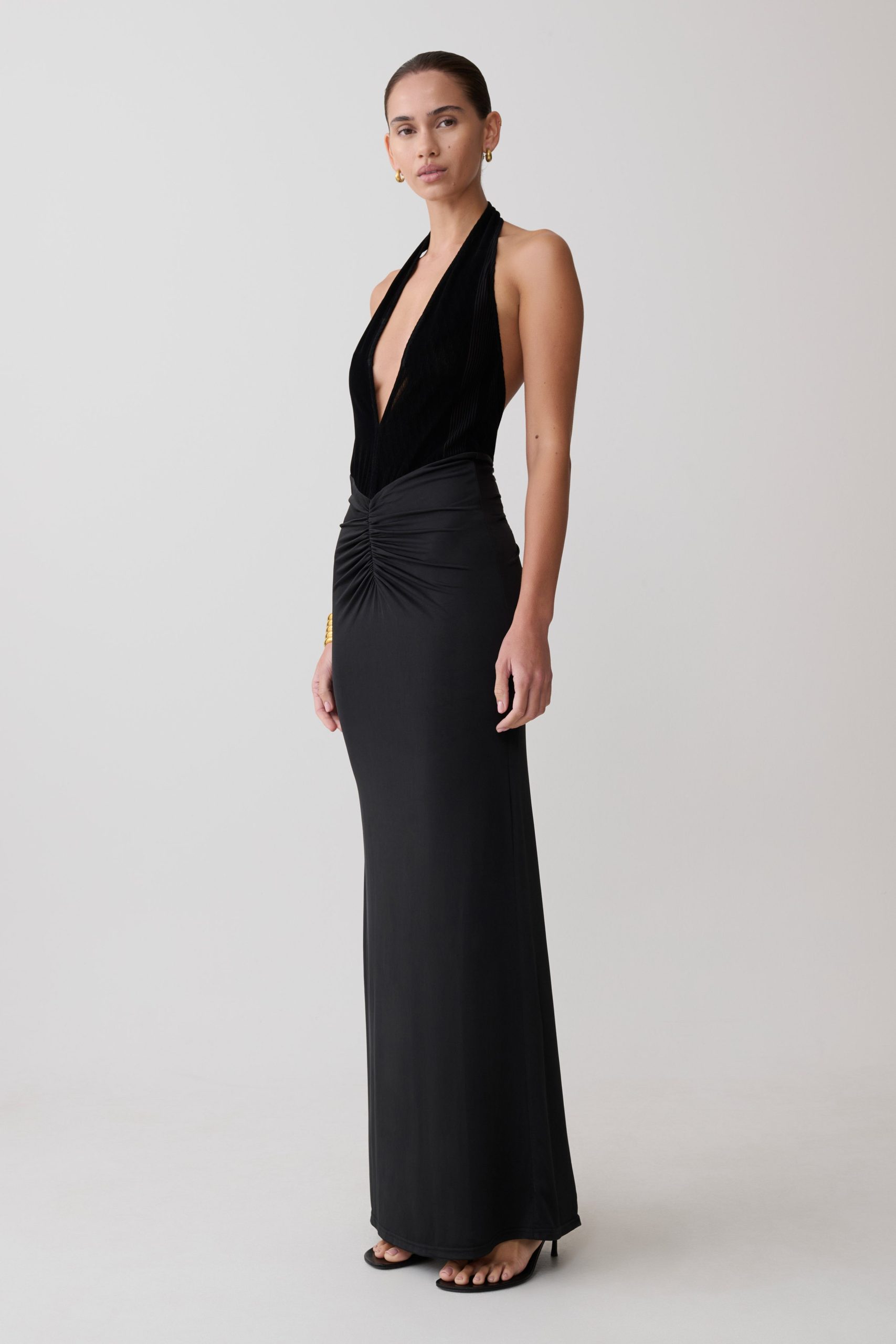 Lien Mesh Velvet Plunge Midi Dress - Black - Image 3