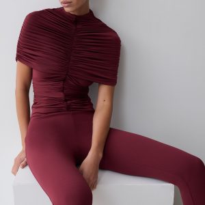 Linh Slinky High Neck Gathered Top - Mahogany