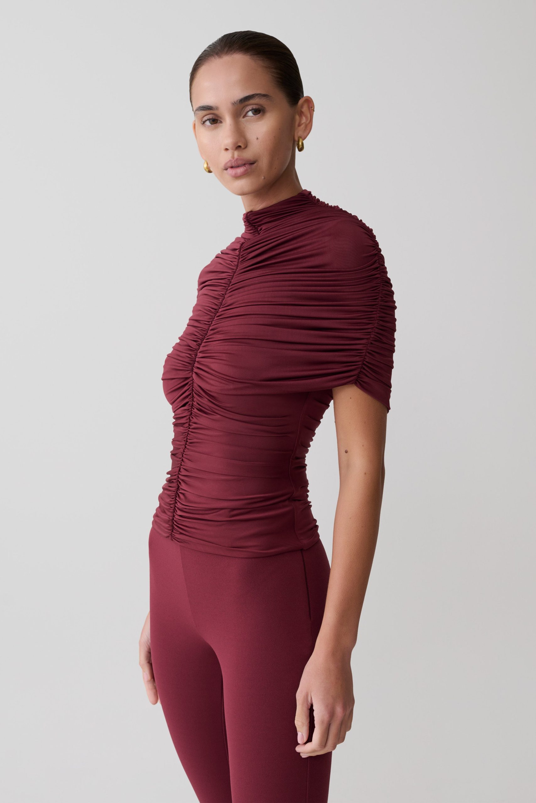Linh Slinky High Neck Gathered Top - Mahogany - Image 5
