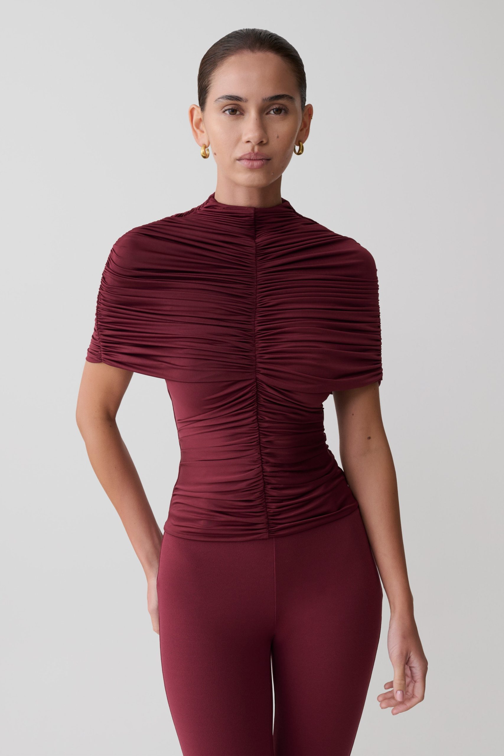 Linh Slinky High Neck Gathered Top - Mahogany - Image 6