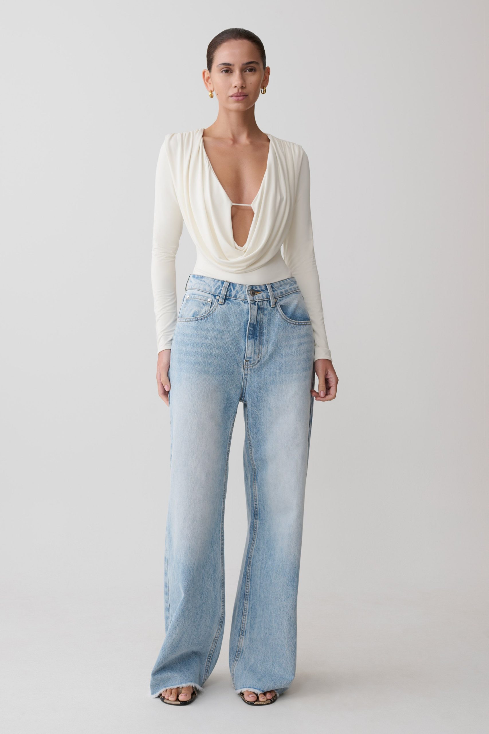 Ren Cowl Long Sleeve Slinky Bodysuit - Ivory - Image 3