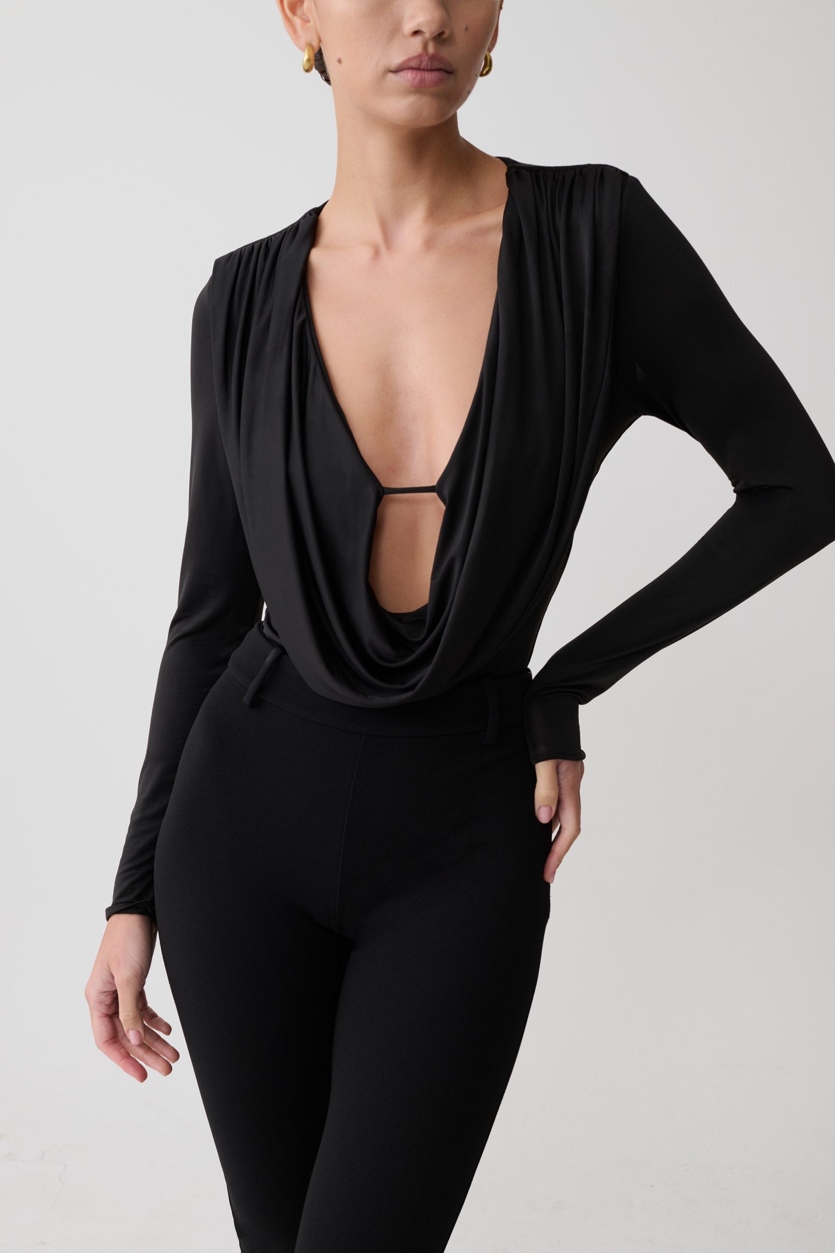 Ren Cowl Long Sleeve Slinky Bodysuit - Black - Image 7