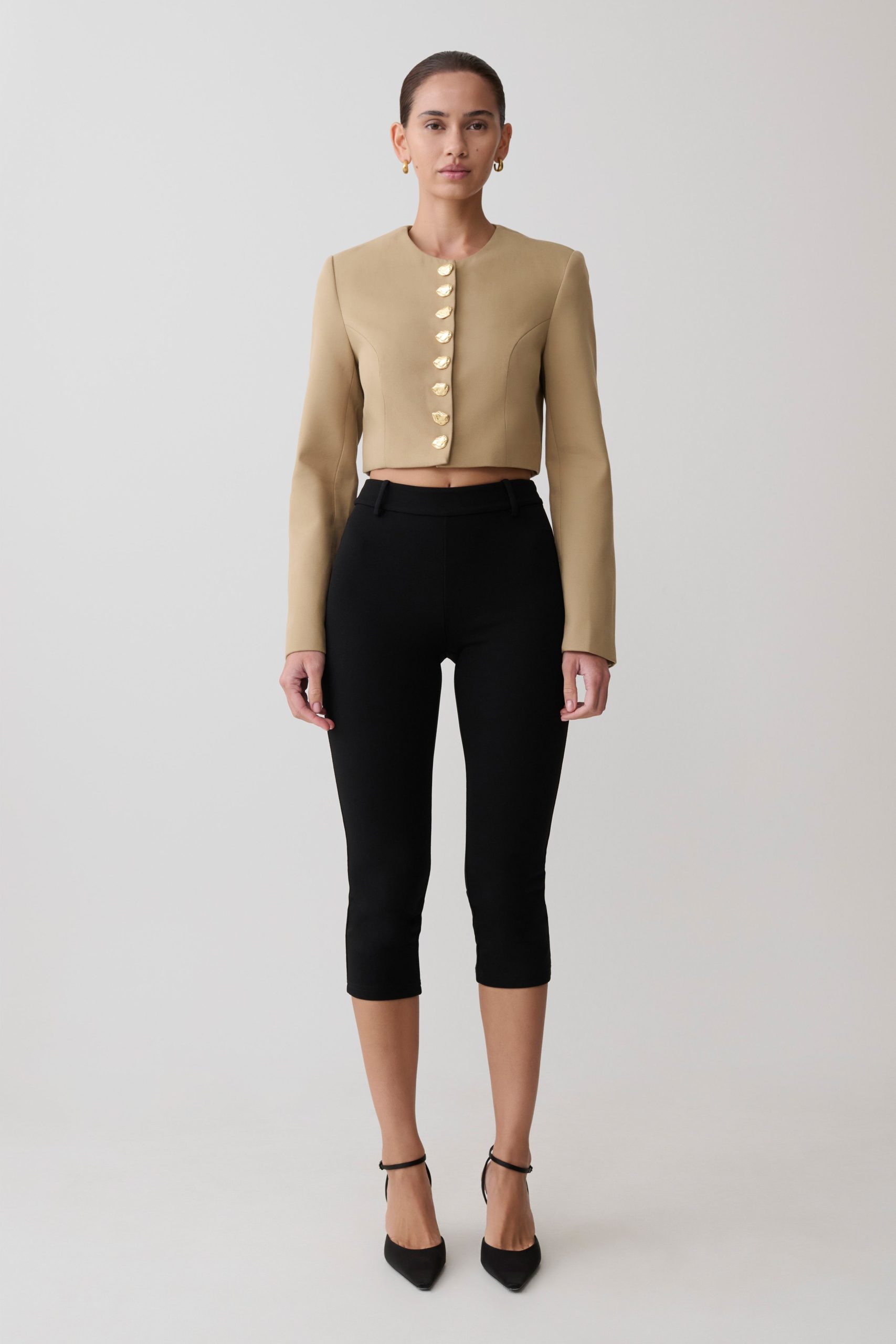 Marielle Button Up Cropped Jacket - Taupe - Image 5