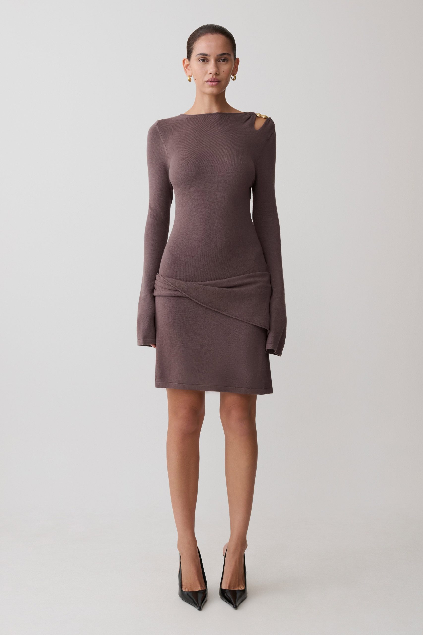 Cresida Knit Long Sleeve Mini Dress With Hardware - Peppercorn - Image 5