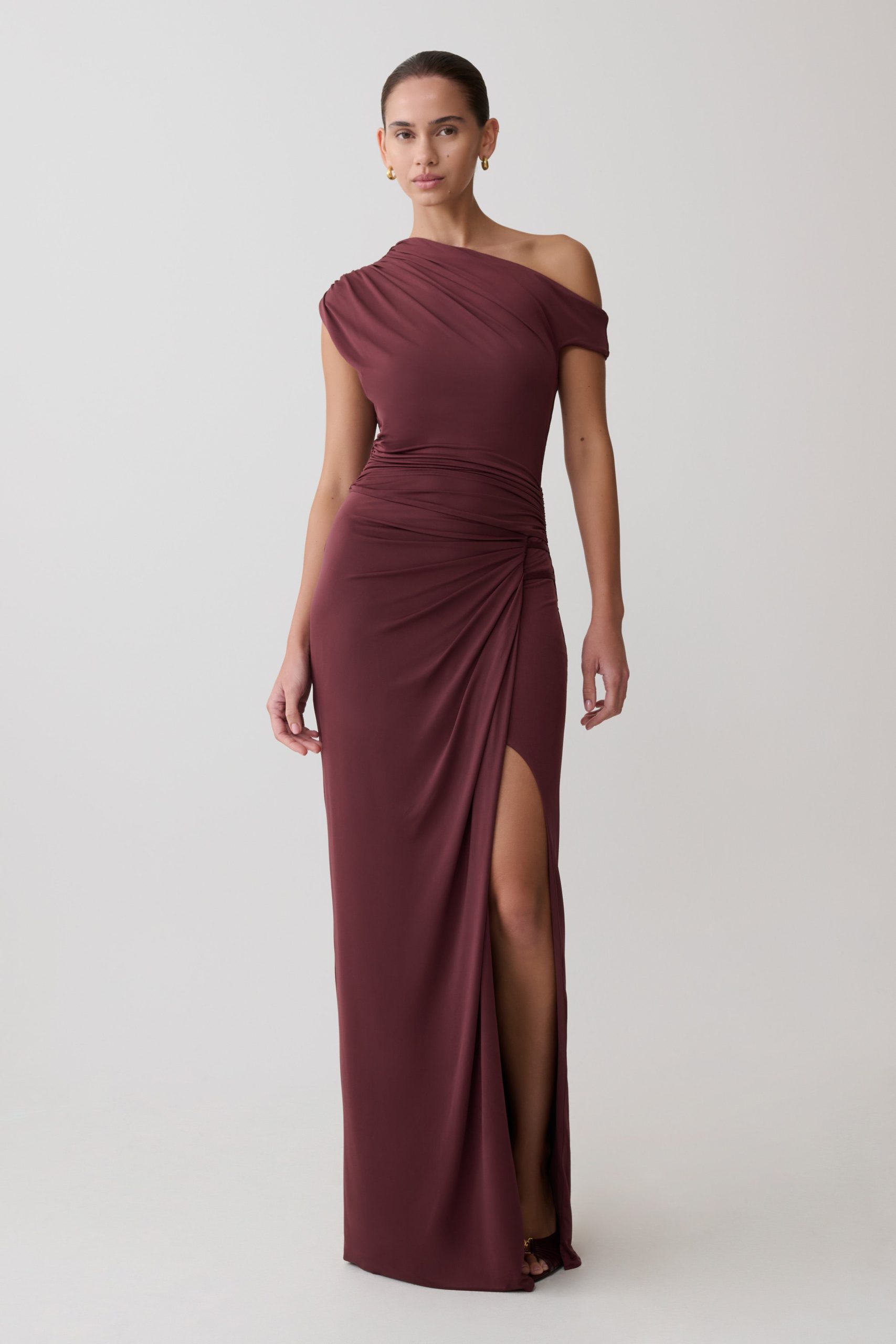 Alyn Off Shoulder Draped Maxi Dress - Dark Plum