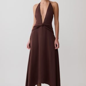Cyra Plunge Satin Midi Dress - Dark Chocolate
