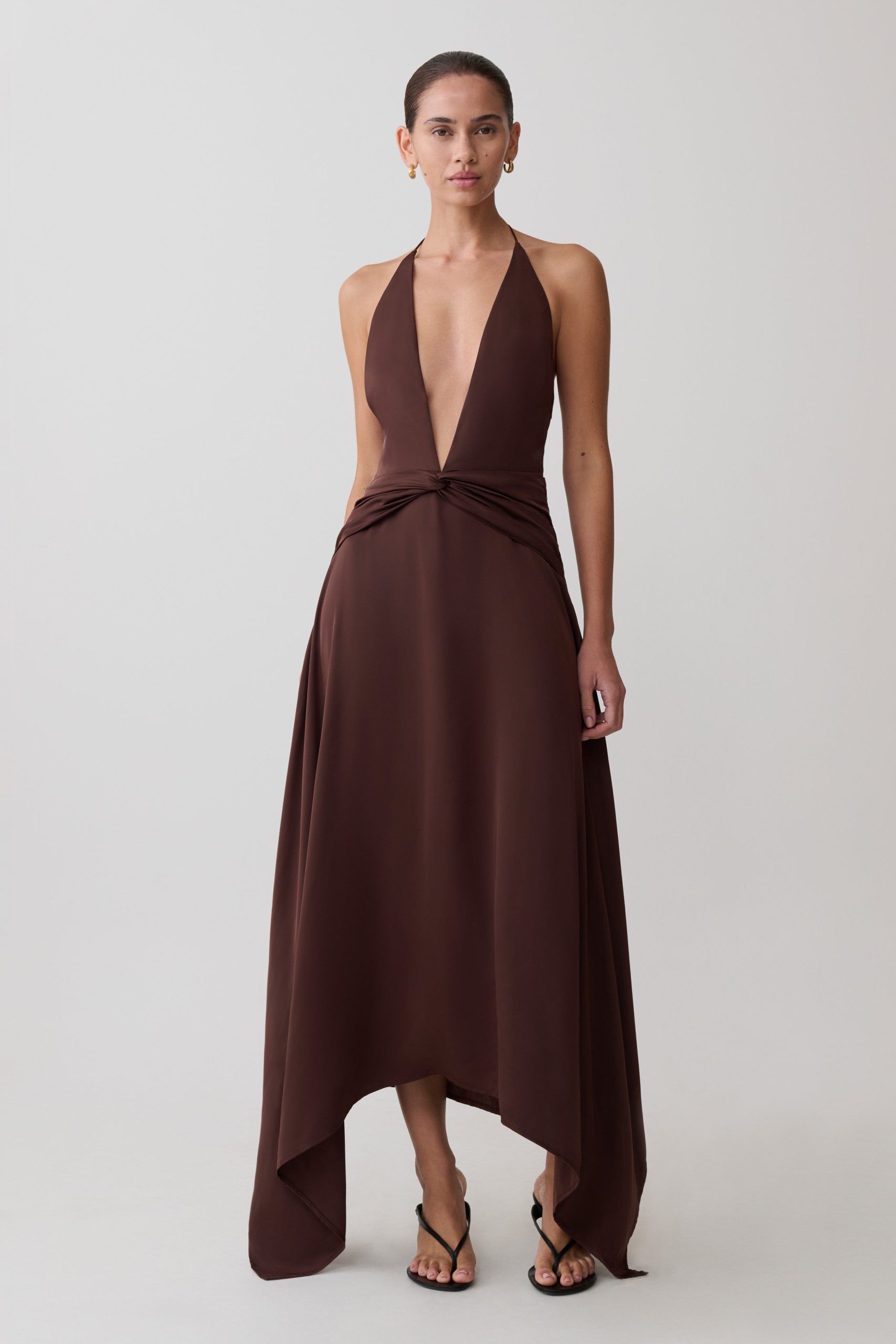 Cyra Plunge Satin Midi Dress - Dark Chocolate - Image 5
