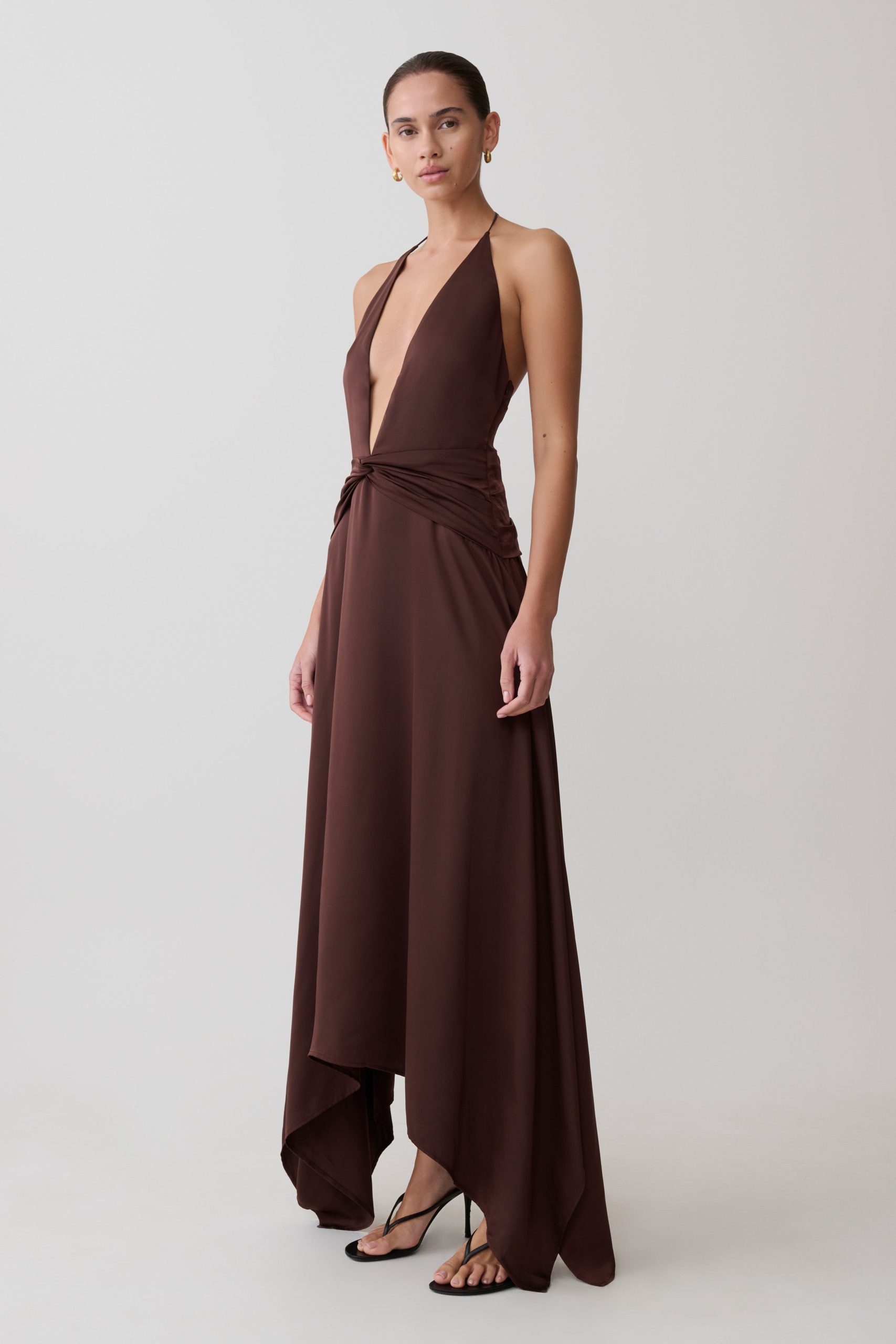 Cyra Plunge Satin Midi Dress - Dark Chocolate - Image 3