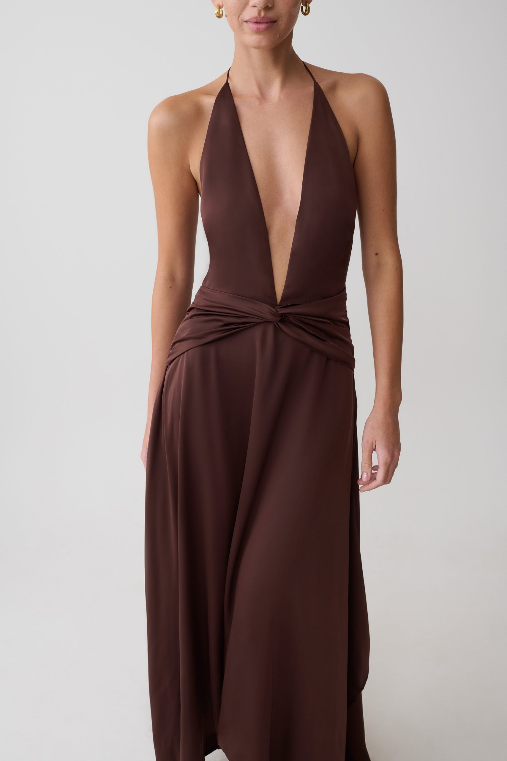 Cyra Plunge Satin Midi Dress - Dark Chocolate - Image 4