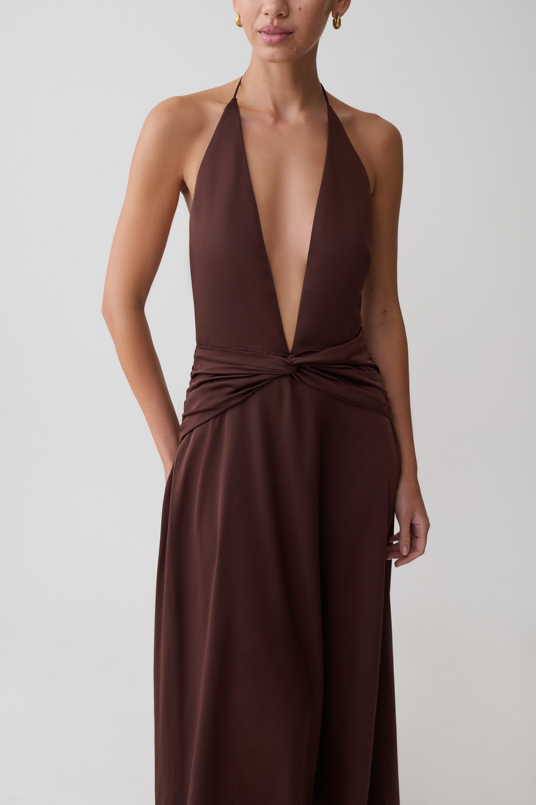 Cyra Plunge Satin Midi Dress - Dark Chocolate - Image 6