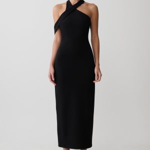 Sable Crossover Crepe Midi Dress - Black