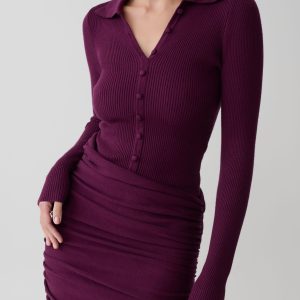 Agness Long Sleeve Button Up Knit Dress - Plum