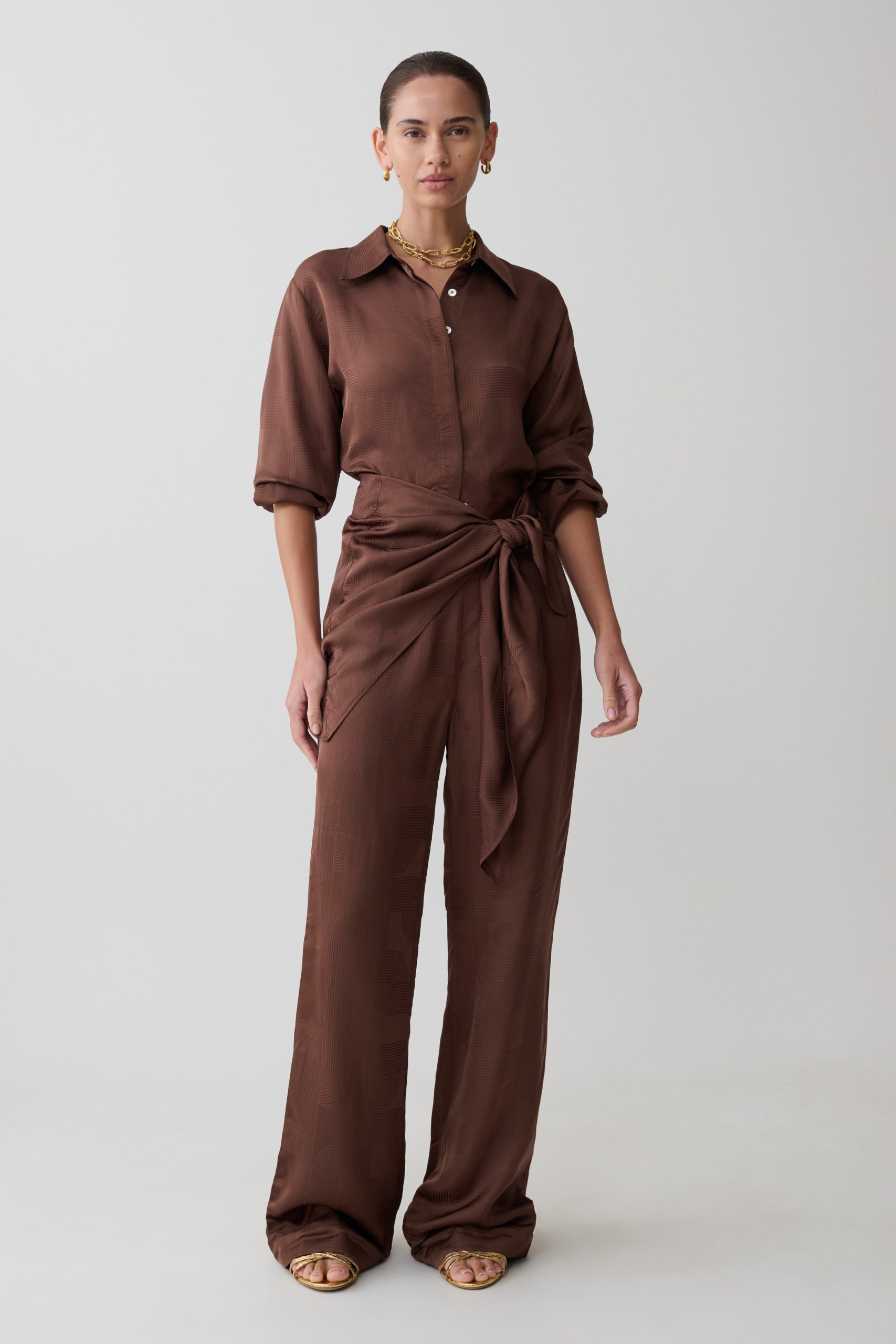 Gia Wrapped Tie Satin Pants - Chocolate - Image 5