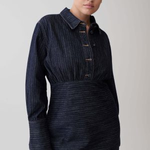 Zarah Denim Long Sleeve Mini Dress - Indigo Pinstripe