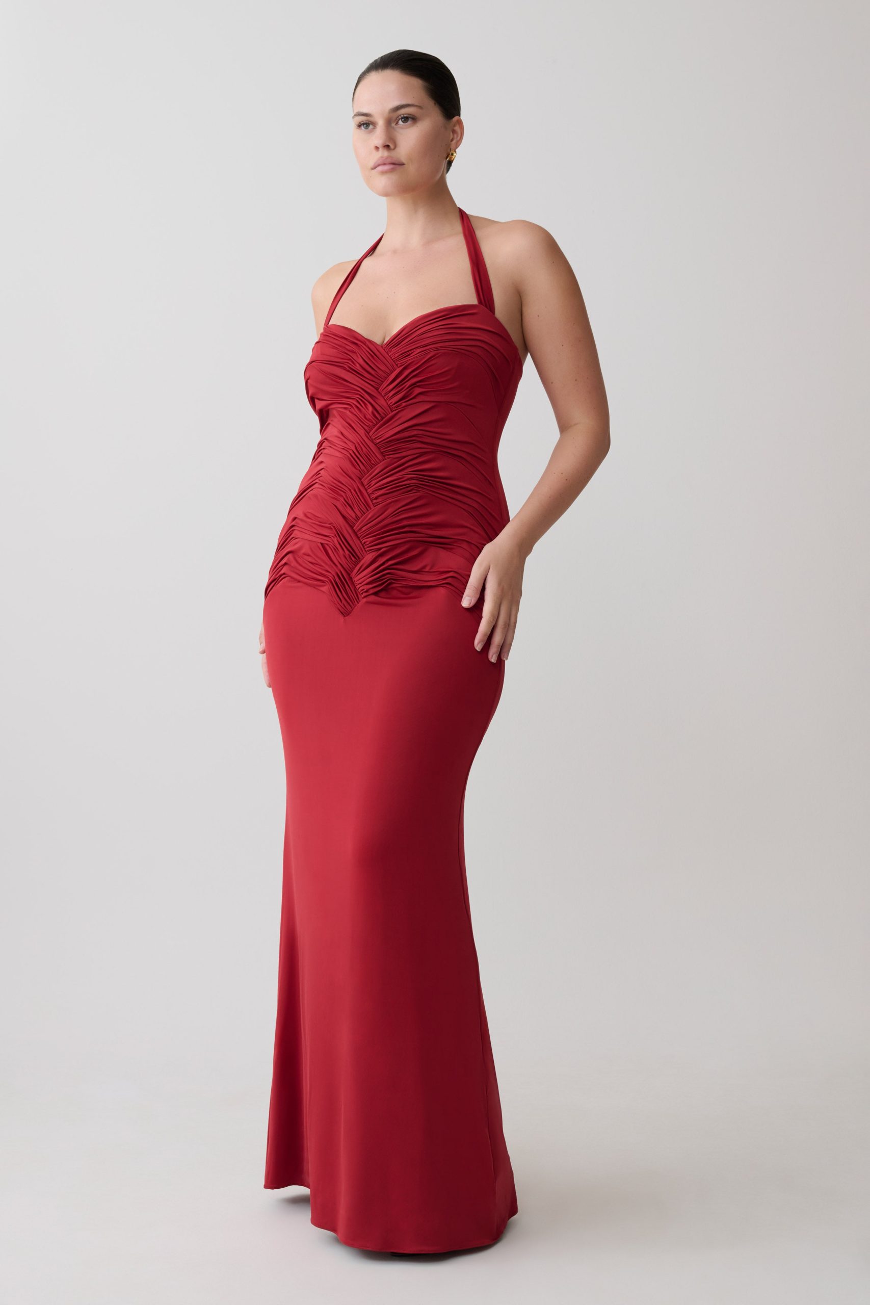 Hoai Gathered Slinky Halter Maxi Dress - Deep Red - Image 9