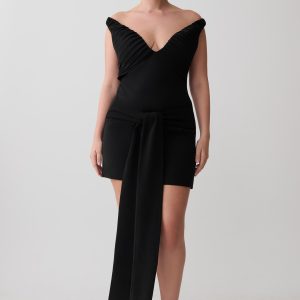 Runa Off Shoulder Mini Dress With Waist Tie - Black