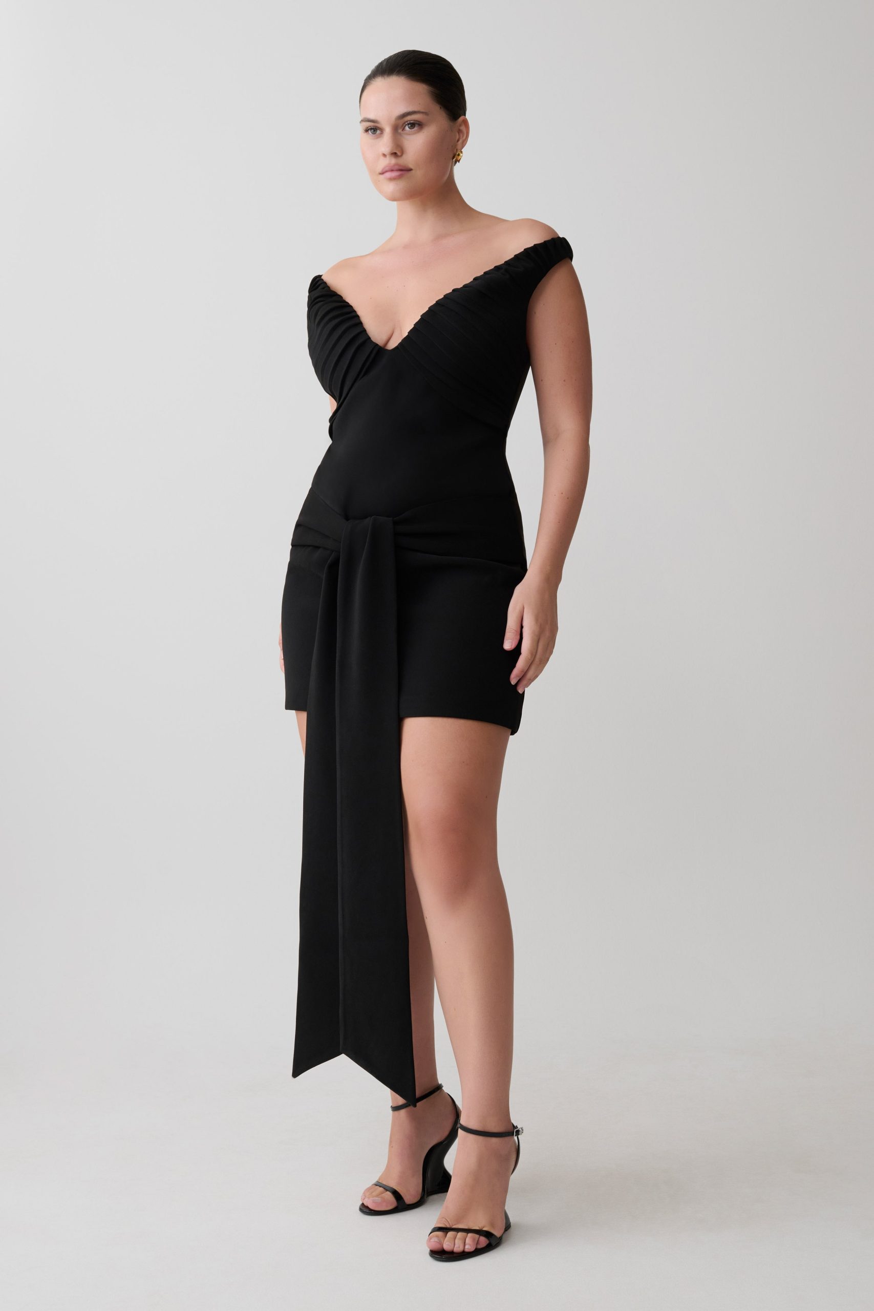 Runa Off Shoulder Mini Dress With Waist Tie - Black - Image 3