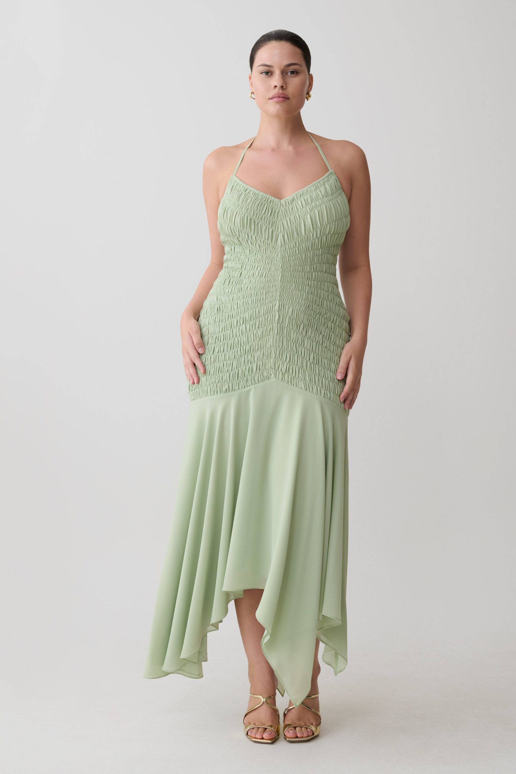 Evelyn Shirred Chiffon Maxi Dress - Sage - Image 5