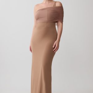 Hanh One Shoulder Mesh Maxi Dress - Tan