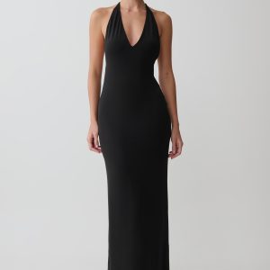 Hana Slinky Plunge Maxi Dress - Black