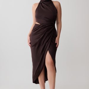 Aveline Draped Halter Midi Dress - Dark Chocolate