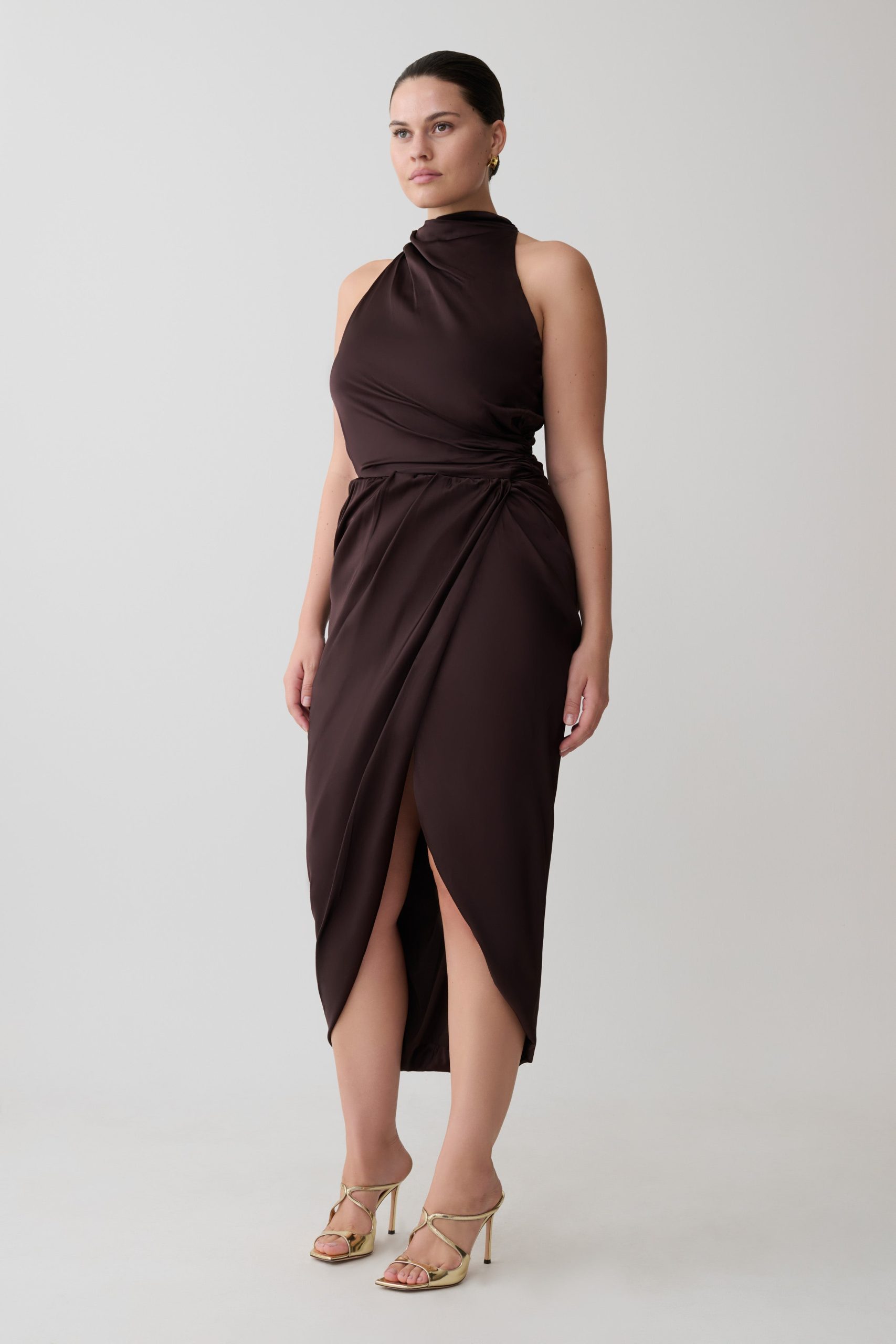 Aveline Draped Halter Midi Dress - Dark Chocolate - Image 5