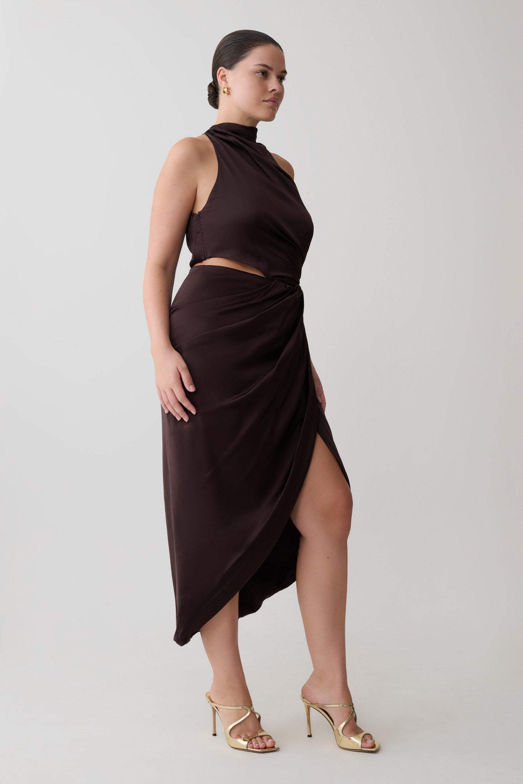 Aveline Draped Halter Midi Dress - Dark Chocolate - Image 3