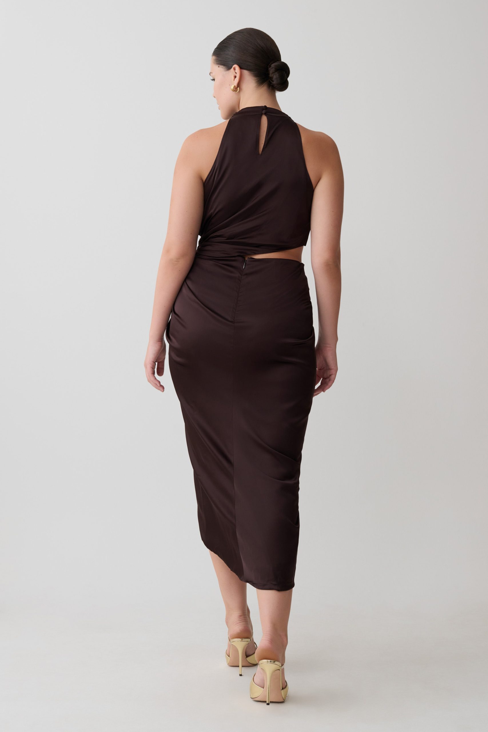 Aveline Draped Halter Midi Dress - Dark Chocolate - Image 4