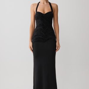 Hoai Gathered Slinky Halter Maxi Dress - Black