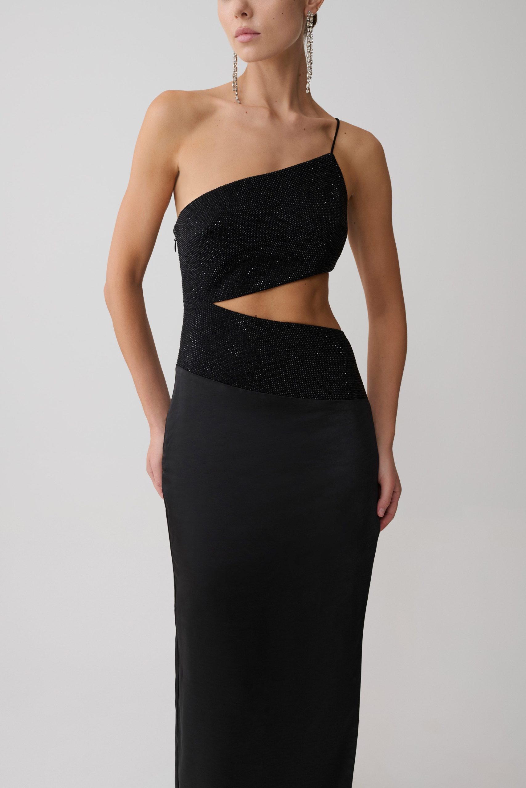 Athena One Shoulder Diamante Maxi Dress - Black - Image 9