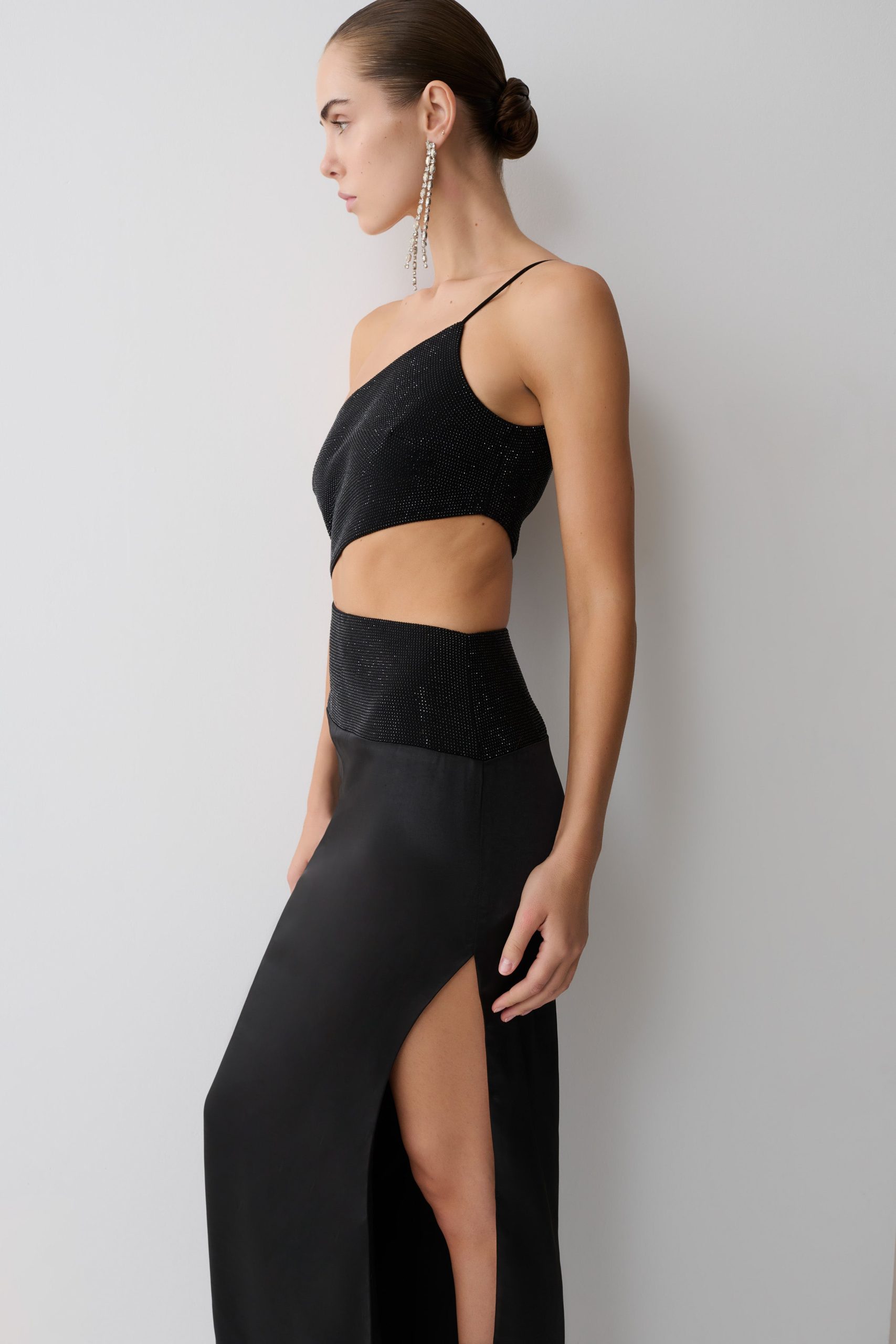 Athena One Shoulder Diamante Maxi Dress - Black - Image 8