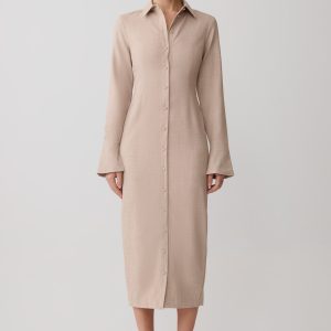 Dorian Fitted Shirt Midi Dress - Wheat Marle