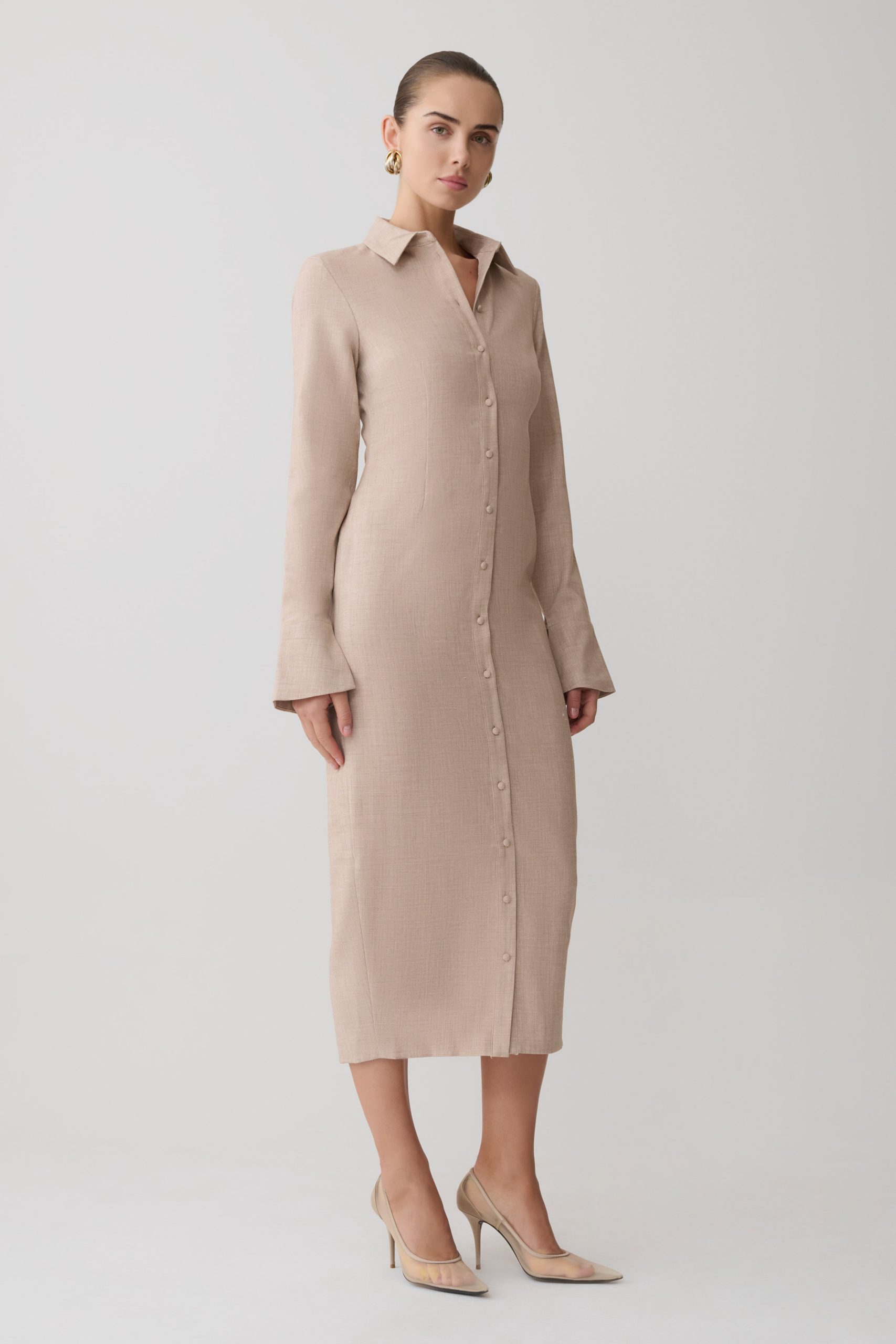 Dorian Fitted Shirt Midi Dress - Wheat Marle - Image 3