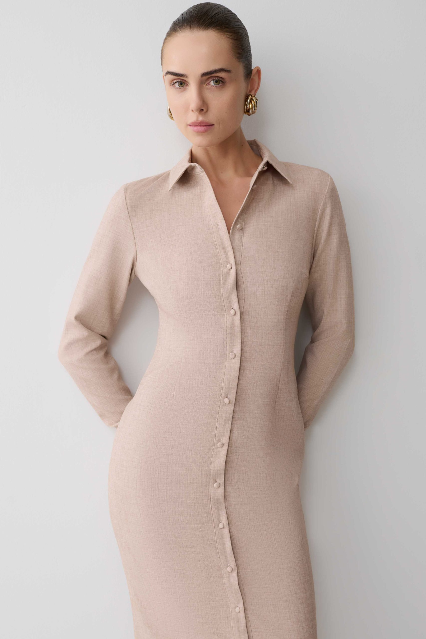 Dorian Fitted Shirt Midi Dress - Wheat Marle - Image 4